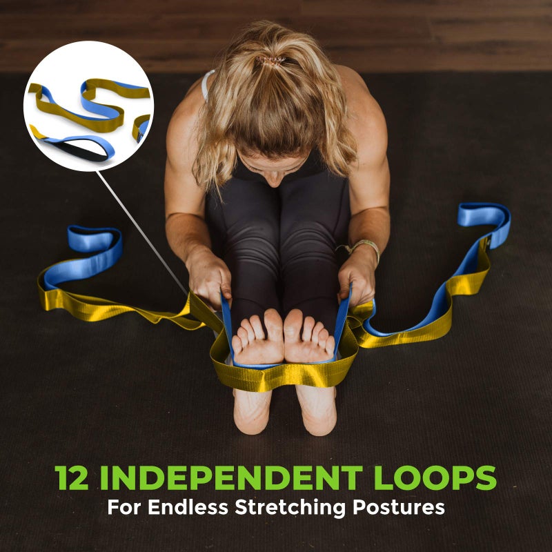 Gradient Fitness Stretching Strap for Physical Therapy, 12 Multi-Loop Stretch Strap 1.5" W x 8' L, Neoprene Handles, Physical Therapy Equipment, Yoga Straps for Stretching, Leg Stretcher, (Blue/Gold) - Image 2
